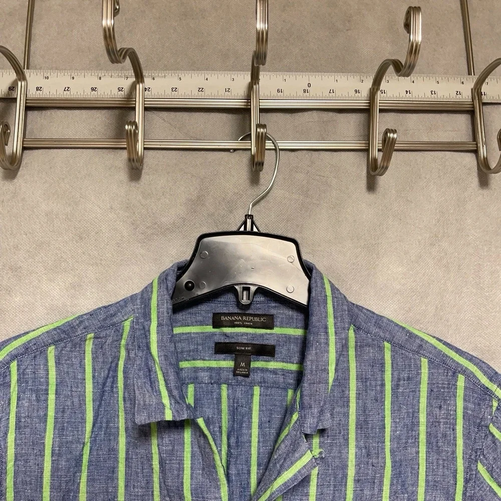 Banana Republic Shirt Men M Blue Striped Linen Button Up Slim‎ Loop Collar Camp